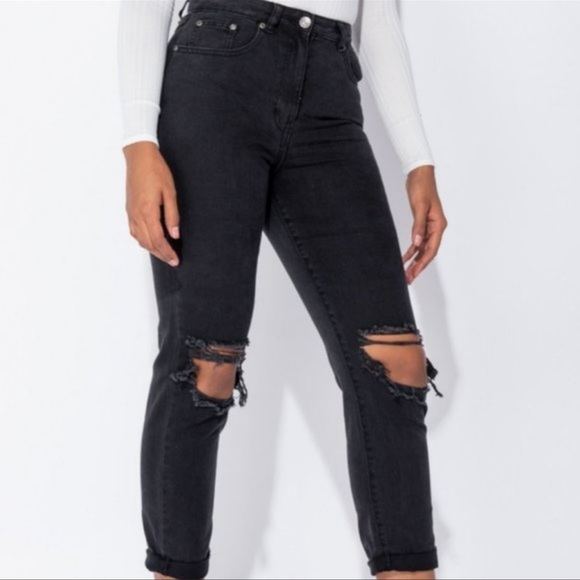 Black High Waist Ripped Distressed Cuffed Boyfriend Jeans Denim Pants - Picture 6 of 9